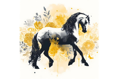 silhouette of Watercolor painting of andalusian horse