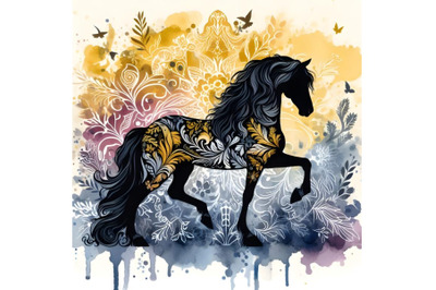 silhouette of Watercolor painting of andalusian horse