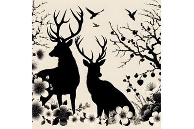 silhouette of deer stags, plum blossom