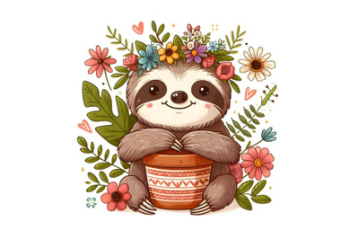 Cute sloth with a pot of flowers