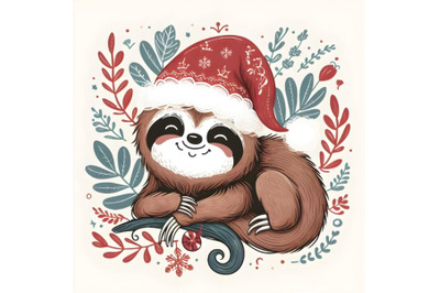 Cute sloth in Christmas hat animal