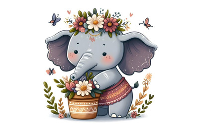 Cute elephant with a pot of flowers