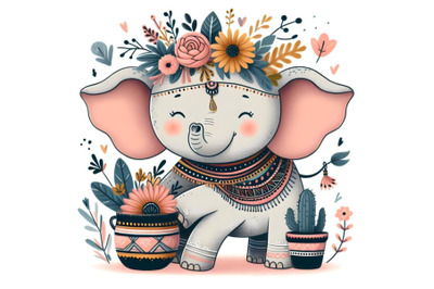 Cute elephant with a pot of flowers