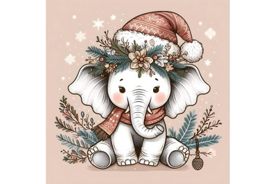 Cute elephant in Christmas hat