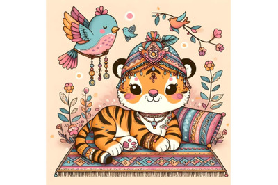 Cute cartoon tiger with bird