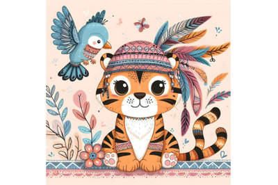 Cute cartoon tiger with bird