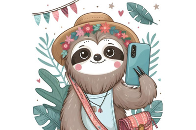 cute Cartoon Sloth taking selfie