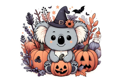 Cute cartoon koala with Halloween pumpkin