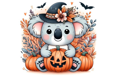 Cute cartoon koala with Halloween pumpkin