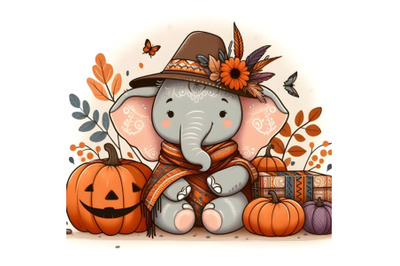 Cute cartoon elephant with Halloween pumpkin