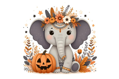 Cute cartoon elephant with Halloween pumpkin