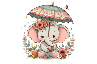 Cute cartoon elephant in an umbrella with flowers