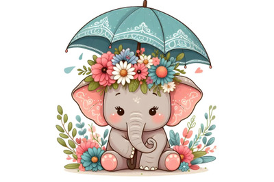 Cute cartoon elephant in an umbrella with flowers