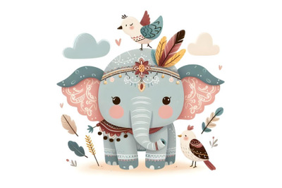 Cute cartoon Elephant with bird