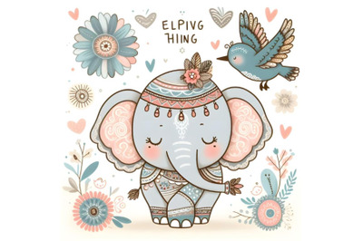 Cute cartoon Elephant with bird