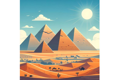 Pyramids in desert flat