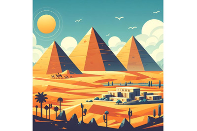 Pyramids in desert flat