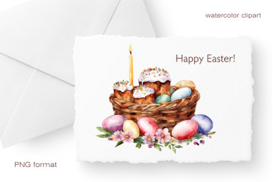 Easter basket greeting card, PNG print. Easter watercolor clipart. Easter cakes, colored eggs, flowers, Easter basket.