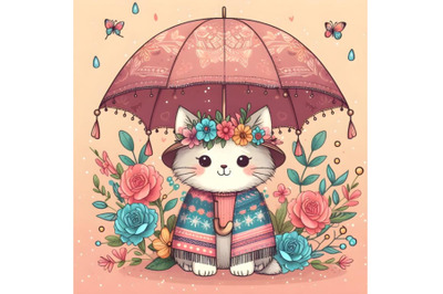 Cute cartoon cat in an umbrella with flowers