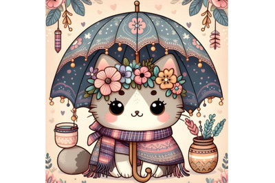 Cute cartoon cat in an umbrella with flowers