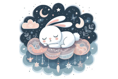 cute bunny sleeping on a cloud on a starry night