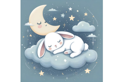 cute bunny sleeping on a cloud on a starry night