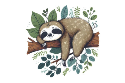 Cartoon sloth sleeping on tree with eucalyptus leaves