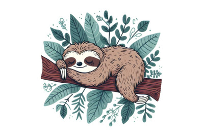 Cartoon sloth sleeping on tree with eucalyptus leaves
