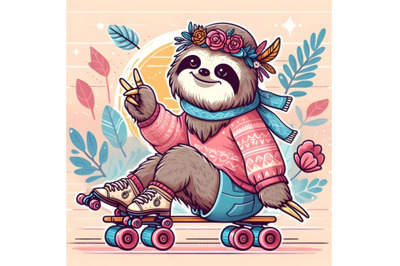 Cartoon sloth skating on rollers