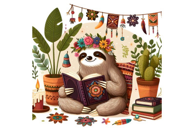 cartoon sloth sitting and reading book
