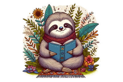 cartoon sloth sitting and reading book