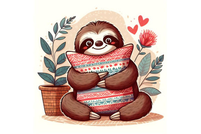 cartoon sloth sitting and hugging pillow