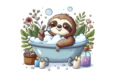 cartoon sloth indulging in bubble bath within small bathtub