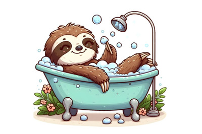 cartoon sloth indulging in bubble bath within small bathtub