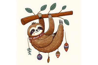 cartoon sloth Hanging from tree branch