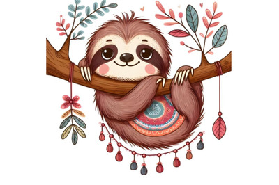 cartoon sloth Hanging from tree branch