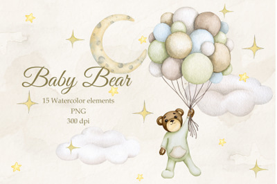 Baby Bear&#039;s Dreams. Set Watercolor PNG