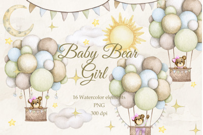 Baby Bear. Girl. Watercolor set PNG.