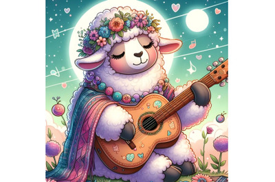 Cartoon sheep playing a guitar