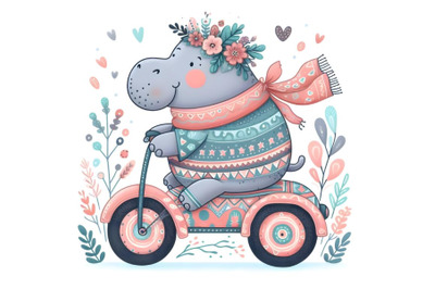 Cartoon hippo on wheels