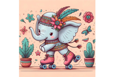 Cartoon elephant skating on rollers