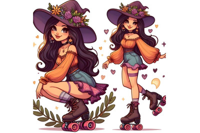 Cartoon beautiful witch skating on rollers