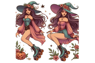 Cartoon beautiful witch skating on rollers