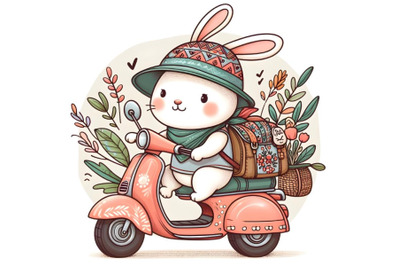 bunny in a cap with a backpack on a scooter