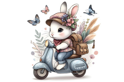 bunny in a cap with a backpack on a scooter