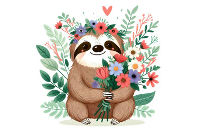 Smiling cute sloth holding bouquet