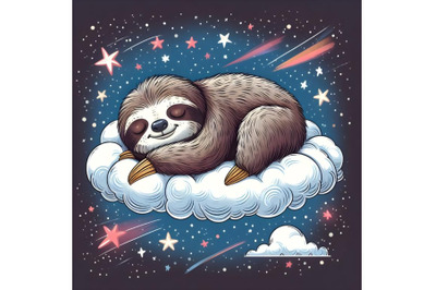 Sloth sleeping on a cloud on a starry night
