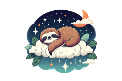 Sloth sleeping on a cloud on a starry night
