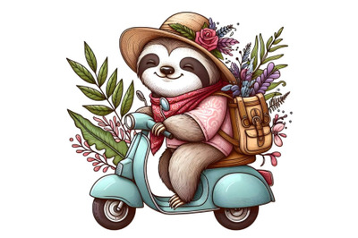 Sloth in a cap with a backpack on a scooter