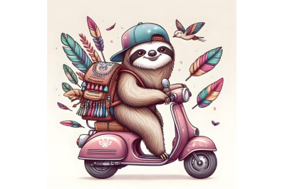Sloth in a cap with a backpack on a scooter